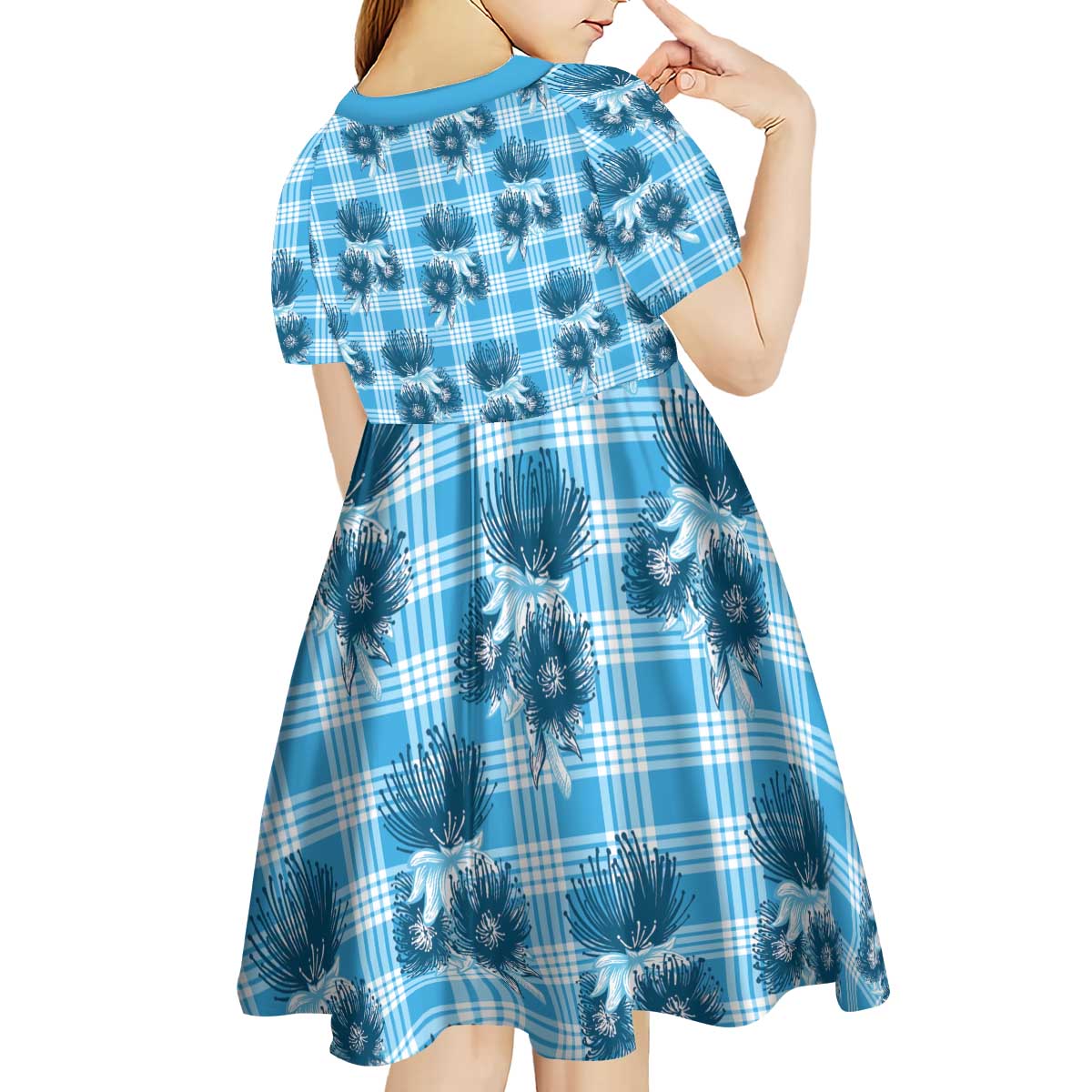 Blue Palaka Hawaii Kid Short Sleeve Dress Hawaiian Lehua Blossoms