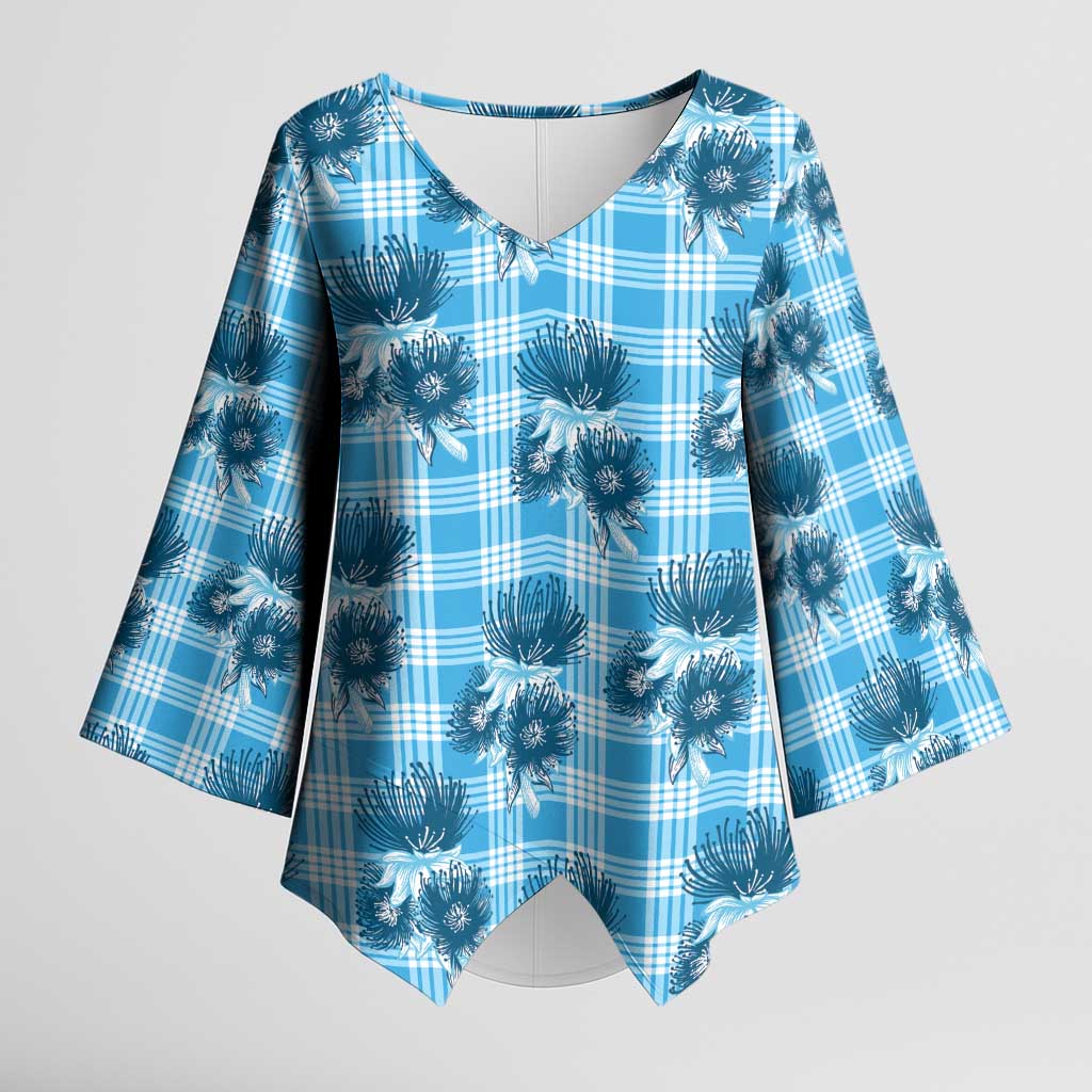 Blue Palaka Hawaii Kimono Sleeve Blouse Hawaiian Lehua Blossoms