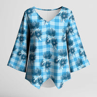 Blue Palaka Hawaii Kimono Sleeve Blouse Hawaiian Lehua Blossoms