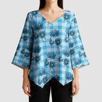 Blue Palaka Hawaii Kimono Sleeve Blouse Hawaiian Lehua Blossoms