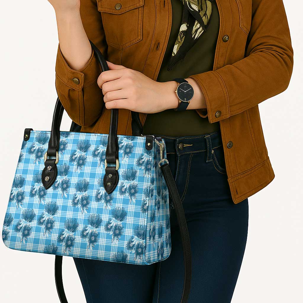 Blue Palaka Hawaii Leather Bag Hawaiian Lehua Blossoms