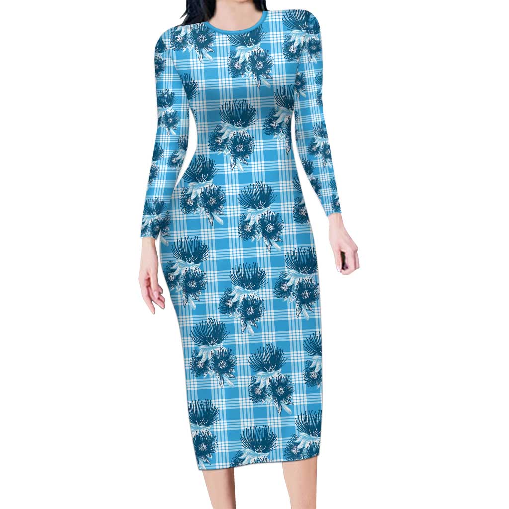 Blue Palaka Hawaii Long Sleeve Bodycon Dress Hawaiian Lehua Blossoms