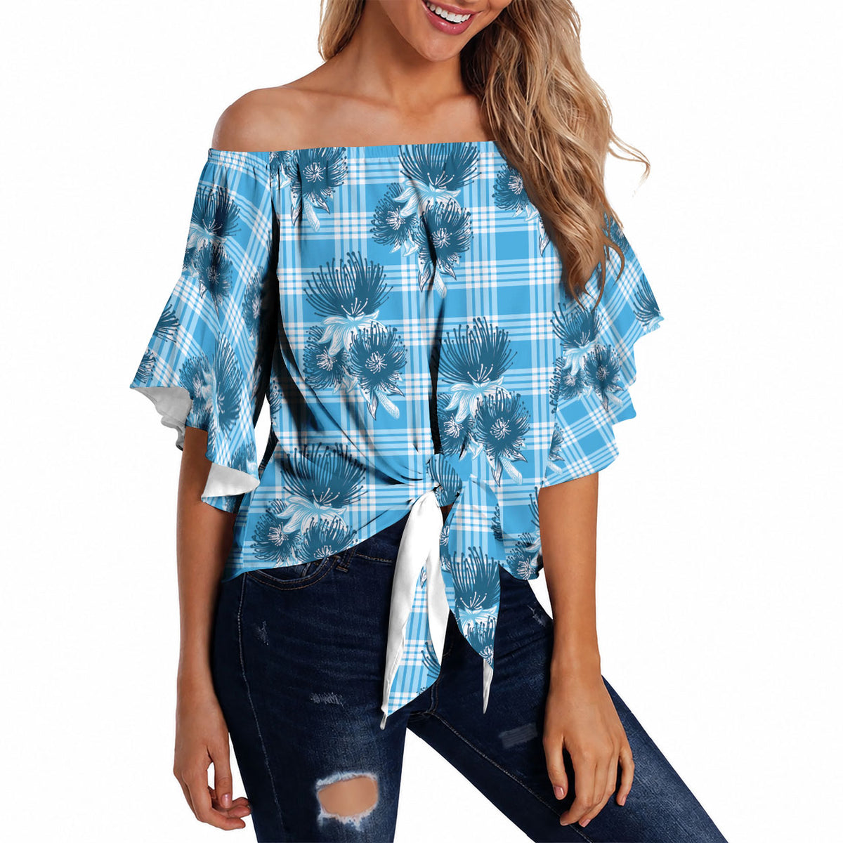 Blue Palaka Hawaii Off Shoulder Wrap Waist Top Hawaiian Lehua Blossoms LT05 - Polynesian Pride