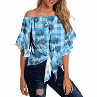 Blue Palaka Hawaii Off Shoulder Wrap Waist Top Hawaiian Lehua Blossoms LT05 - Polynesian Pride