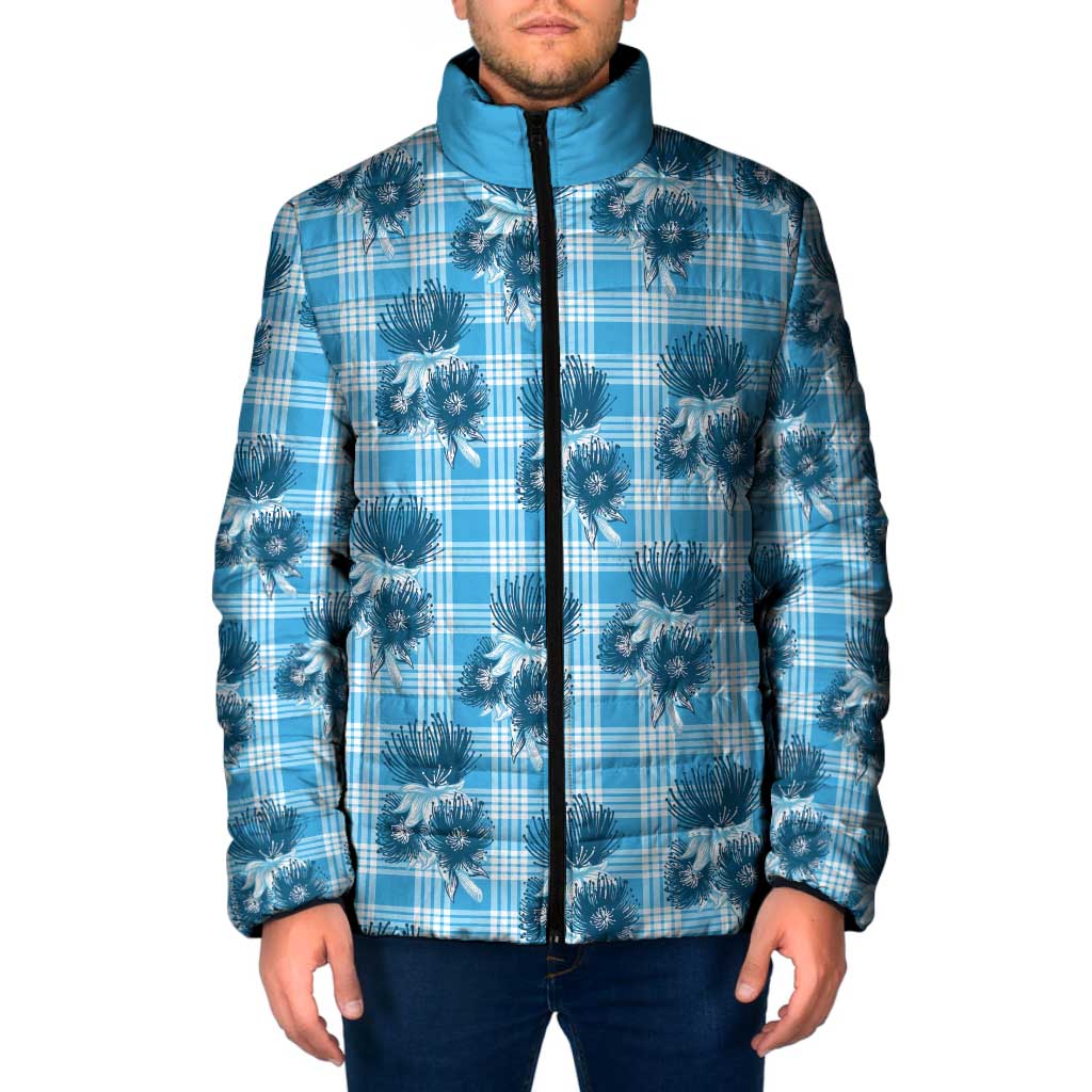 Blue Palaka Hawaii Padded Jacket Hawaiian Lehua Blossoms
