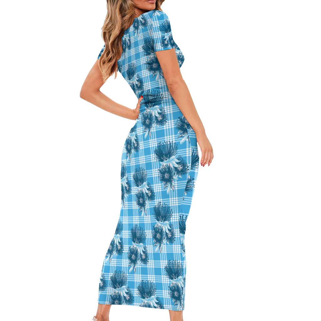 Blue Palaka Hawaii Short Sleeve Bodycon Dress Hawaiian Lehua Blossoms