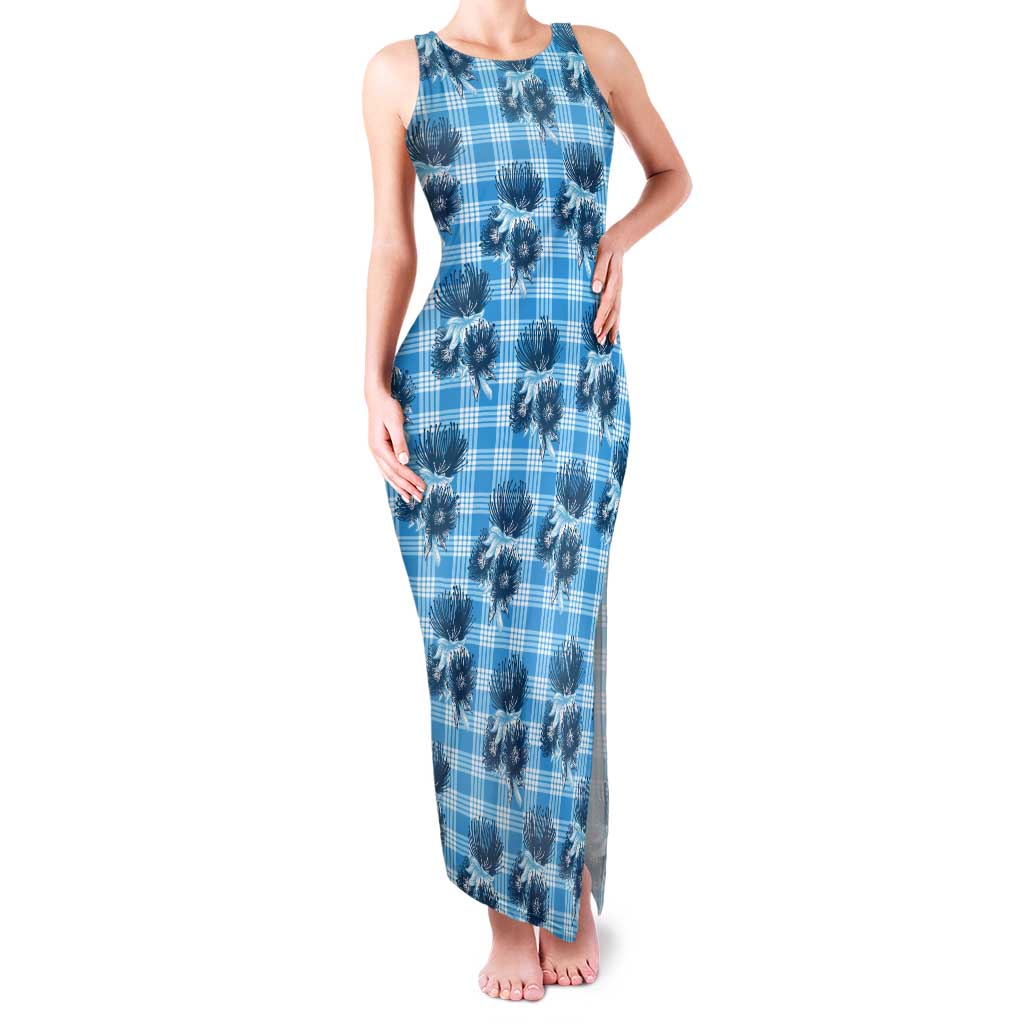 Blue Palaka Hawaii Tank Maxi Dress Hawaiian Lehua Blossoms