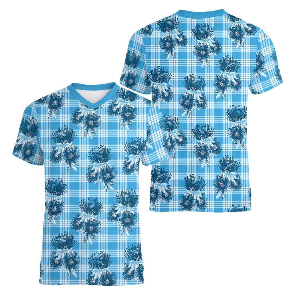Blue Palaka Hawaii Women V-Neck T-Shirt Hawaiian Lehua Blossoms