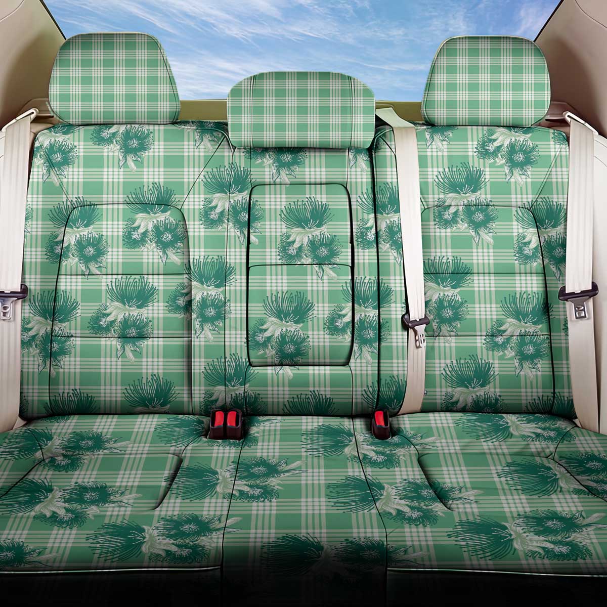 Green Palaka Hawaii Back Car Seat Cover Hawaiian Lehua Blossoms