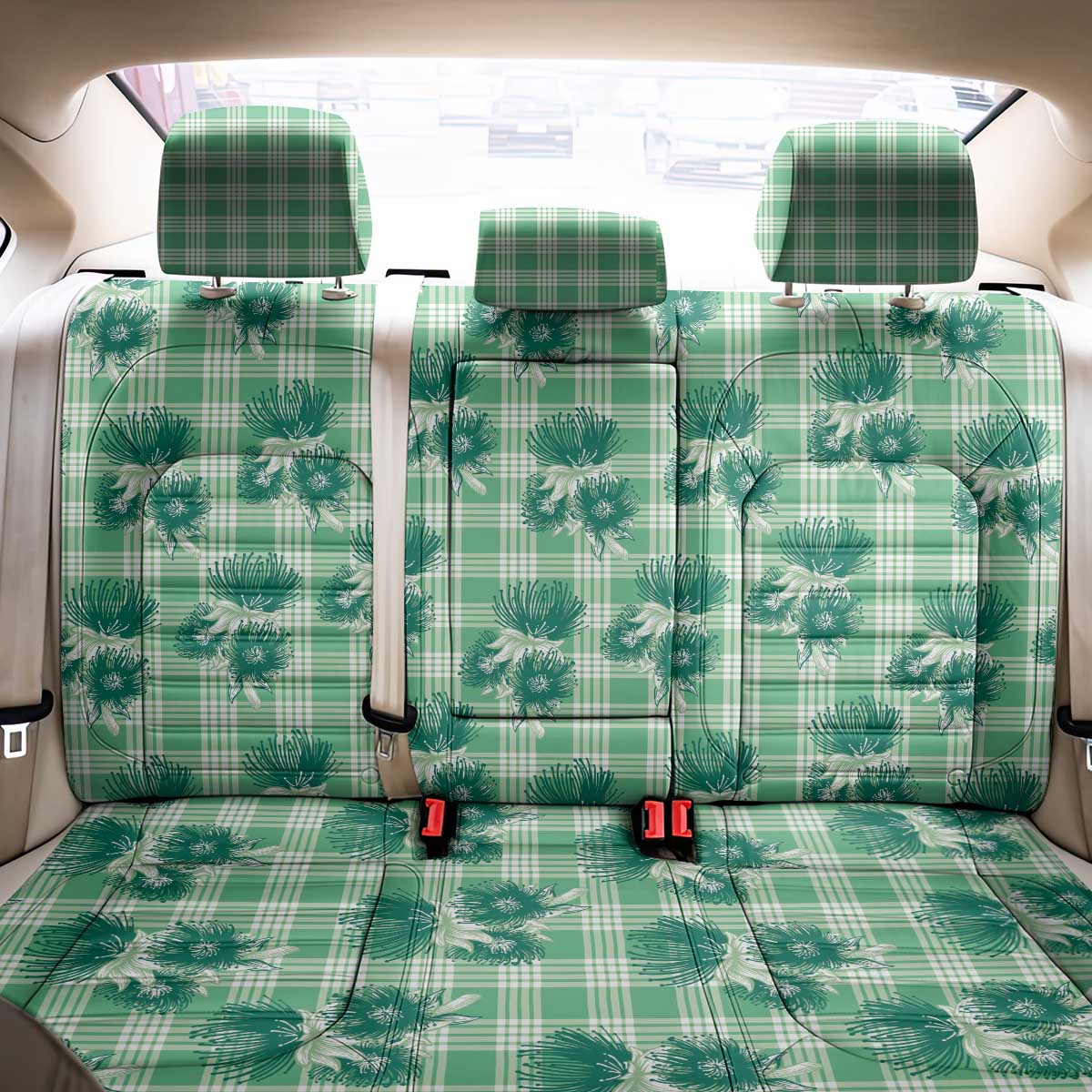 Green Palaka Hawaii Back Car Seat Cover Hawaiian Lehua Blossoms
