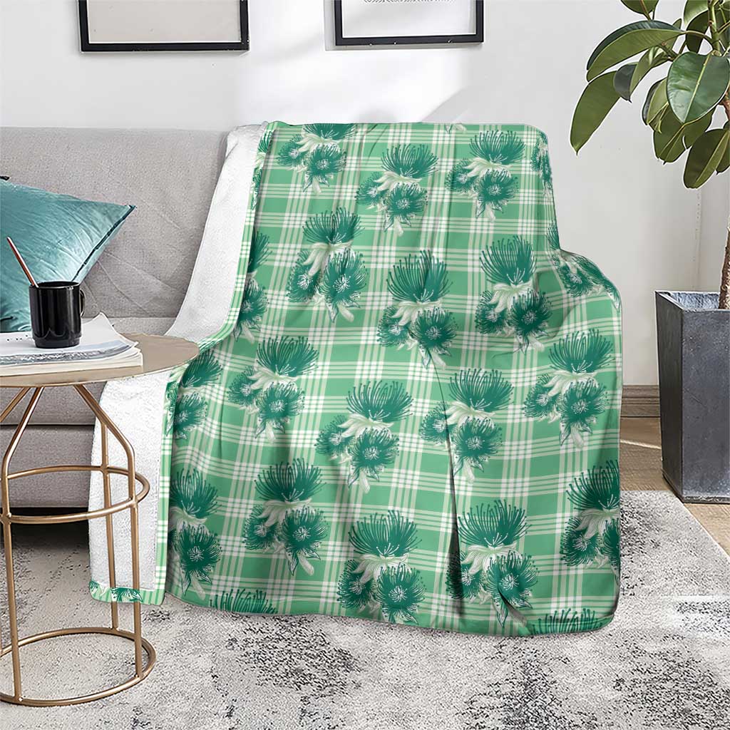 Green Palaka Hawaii Blanket Hawaiian Lehua Blossoms