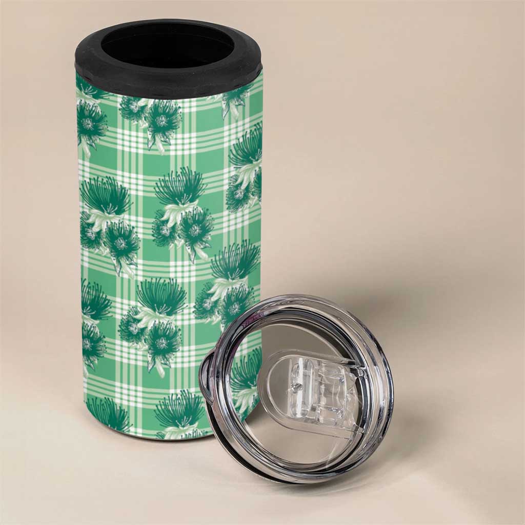 Green Palaka Hawaii 4 in 1 Can Cooler Tumbler Hawaiian Lehua Blossoms