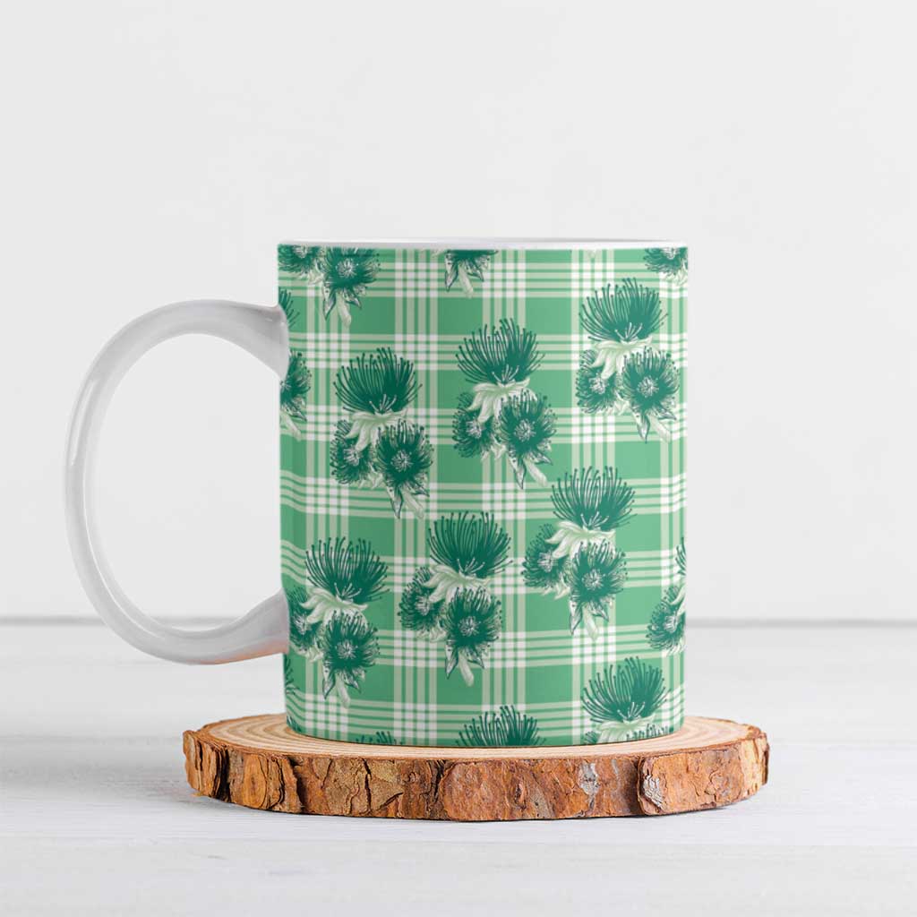 Green Palaka Hawaii Ceramic Mug Hawaiian Lehua Blossoms