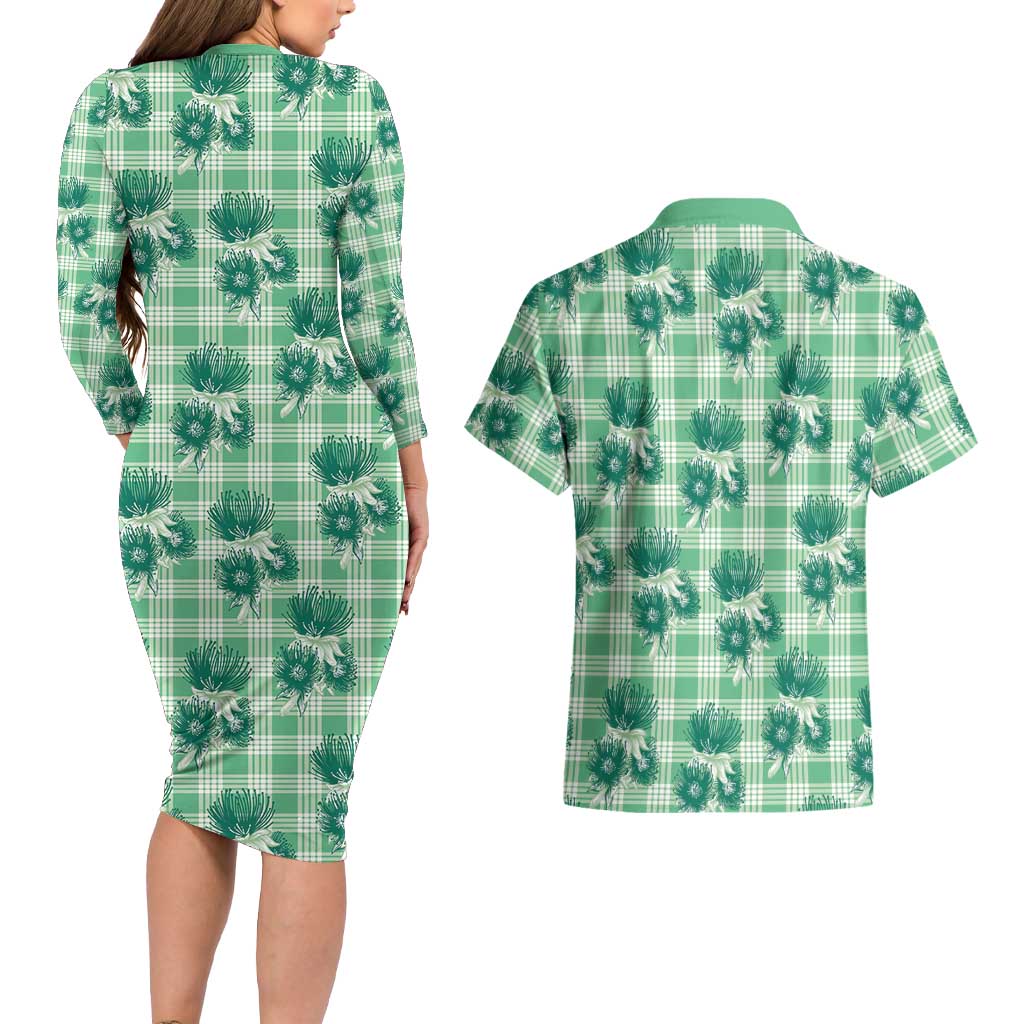 Green Palaka Hawaii Couples Matching Long Sleeve Bodycon Dress and Hawaiian Shirt Hawaiian Lehua Blossoms LT05 - Polynesian Pride