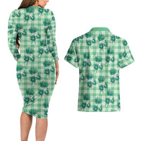 Green Palaka Hawaii Couples Matching Long Sleeve Bodycon Dress and Hawaiian Shirt Hawaiian Lehua Blossoms LT05 - Polynesian Pride