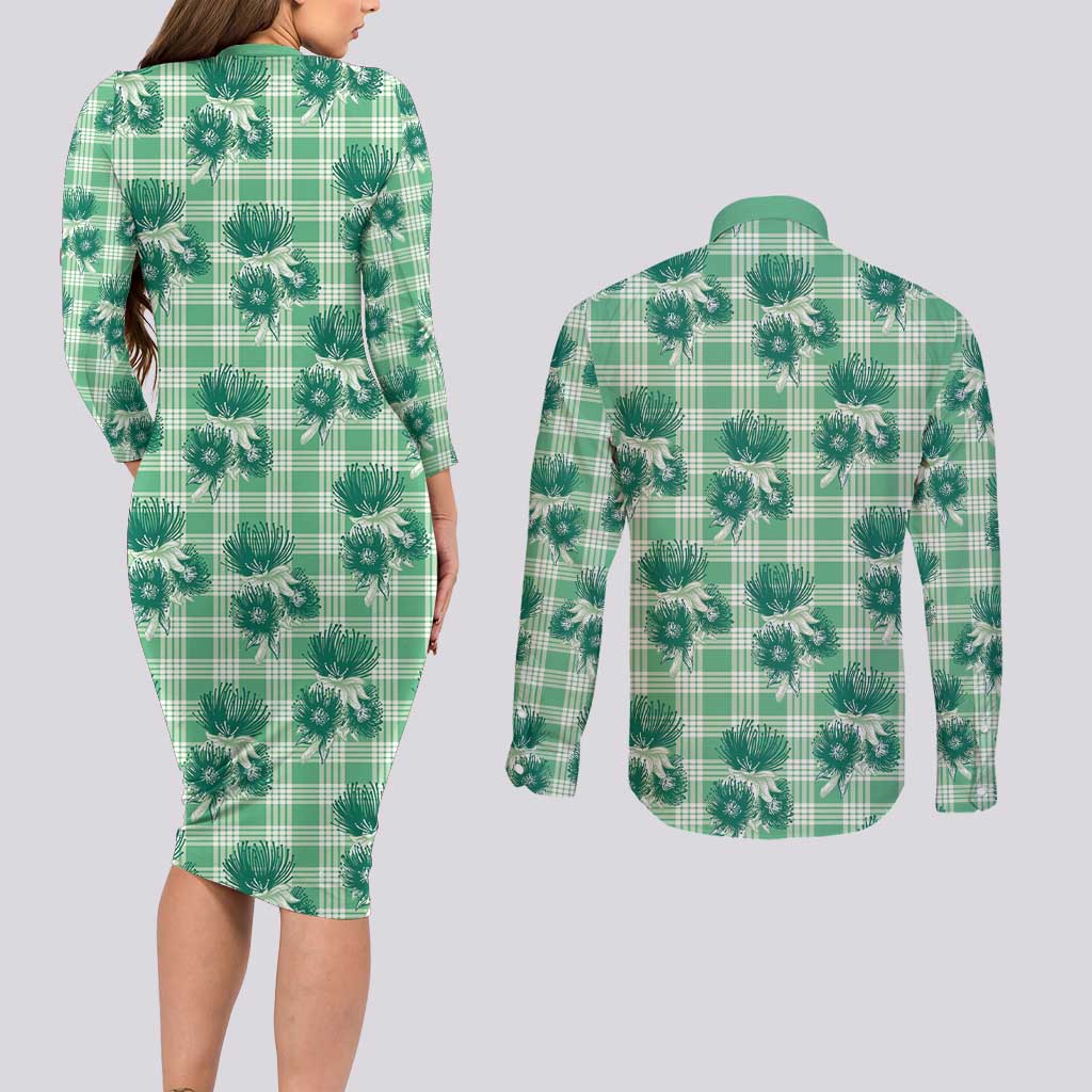 Green Palaka Hawaii Couples Matching Long Sleeve Bodycon Dress and Long Sleeve Button Shirt Hawaiian Lehua Blossoms