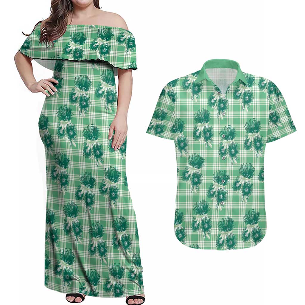 Green Palaka Hawaii Couples Matching Off Shoulder Maxi Dress and Hawaiian Shirt Hawaiian Lehua Blossoms