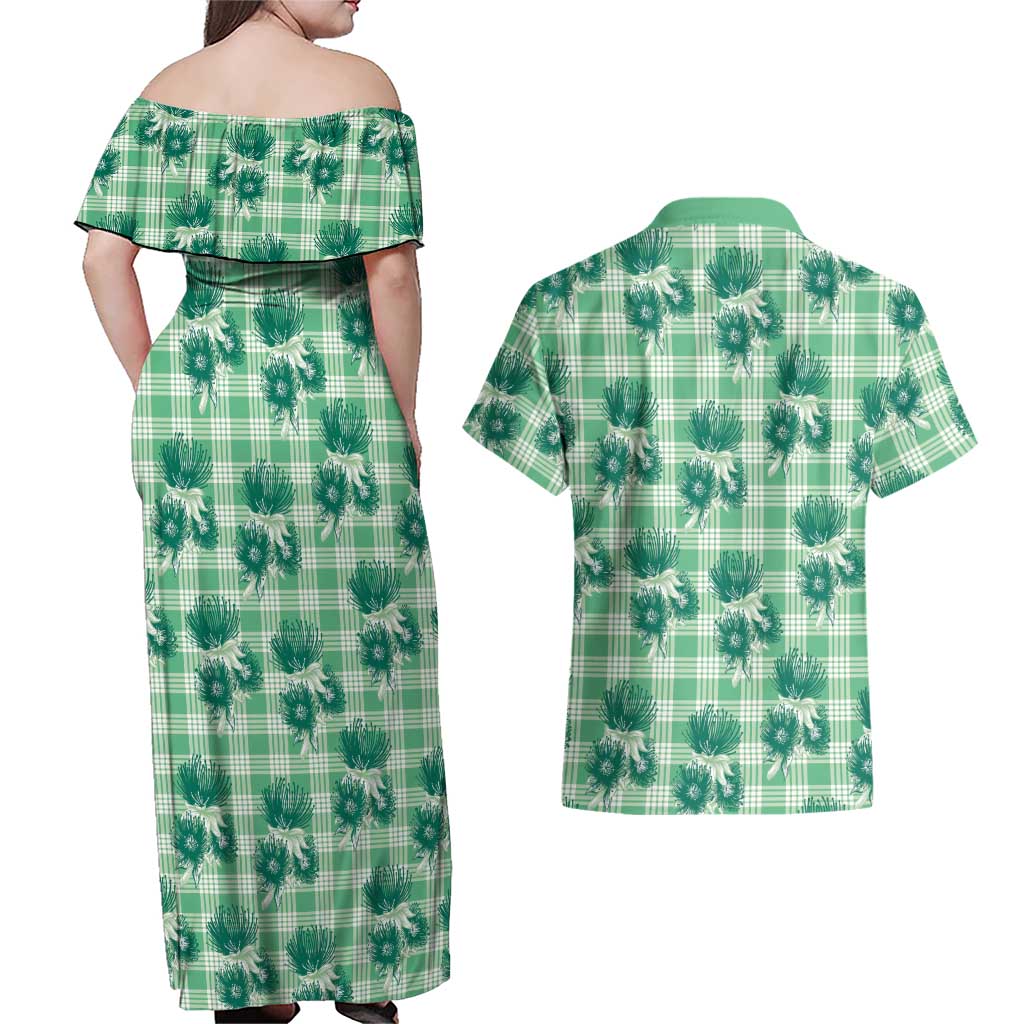 Green Palaka Hawaii Couples Matching Off Shoulder Maxi Dress and Hawaiian Shirt Hawaiian Lehua Blossoms