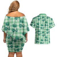 Green Palaka Hawaii Couples Matching Off Shoulder Short Dress and Hawaiian Shirt Hawaiian Lehua Blossoms