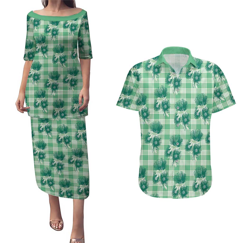 Green Palaka Hawaii Couples Matching Puletasi and Hawaiian Shirt Hawaiian Lehua Blossoms