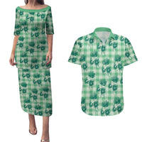 Green Palaka Hawaii Couples Matching Puletasi and Hawaiian Shirt Hawaiian Lehua Blossoms