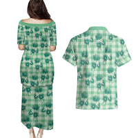 Green Palaka Hawaii Couples Matching Puletasi and Hawaiian Shirt Hawaiian Lehua Blossoms
