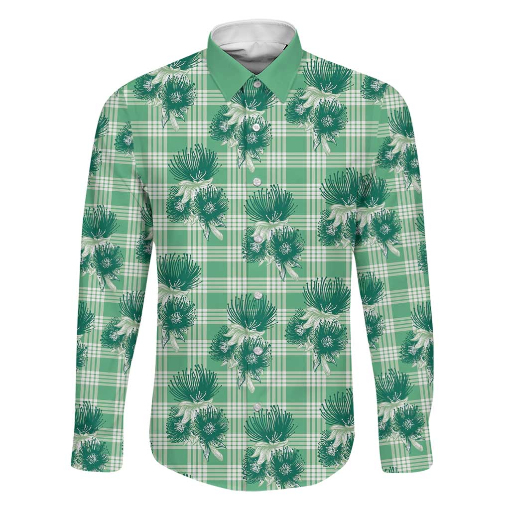 Green Palaka Hawaii Family Matching Mermaid Dress and Hawaiian Shirt Hawaiian Lehua Blossoms LT05 Dad's Shirt - Long Sleeve Green - Polynesian Pride