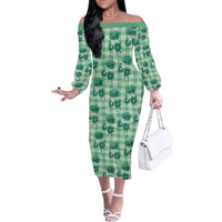 Green Palaka Hawaii Family Matching Off The Shoulder Long Sleeve Dress and Hawaiian Shirt Hawaiian Lehua Blossoms LT05 Mom's Dress Green - Polynesian Pride