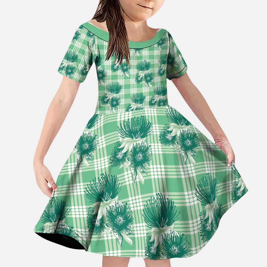 Green Palaka Hawaii Family Matching Off Shoulder Short Dress and Hawaiian Shirt Hawaiian Lehua Blossoms LT05 Daughter's Dress Green - Polynesian Pride