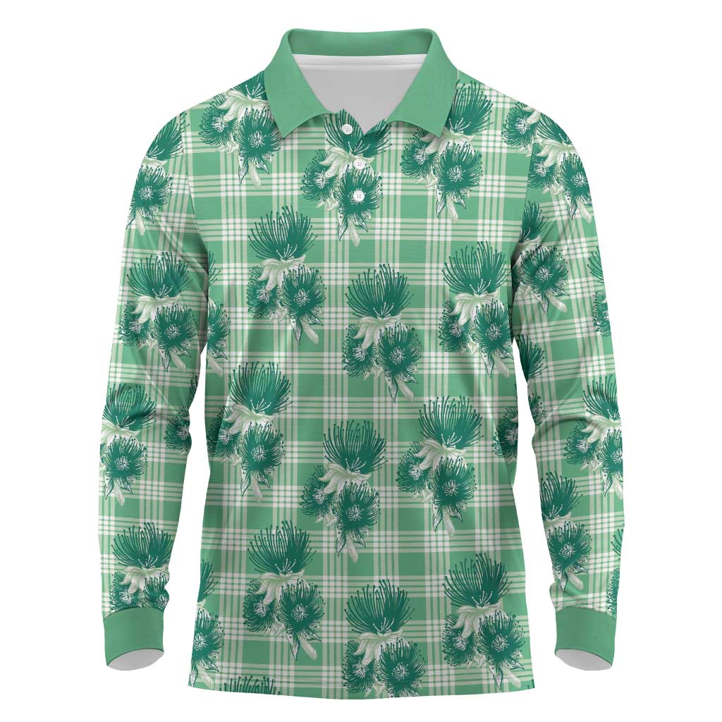 Green Palaka Hawaii Long Sleeve Polo Shirt Hawaiian Lehua Blossoms