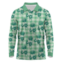 Green Palaka Hawaii Long Sleeve Polo Shirt Hawaiian Lehua Blossoms