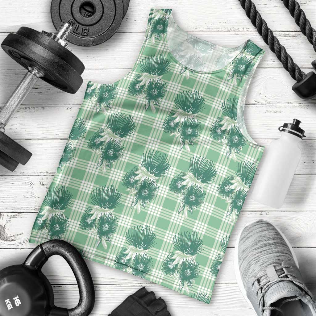 Green Palaka Hawaii Men Tank Top Hawaiian Lehua Blossoms