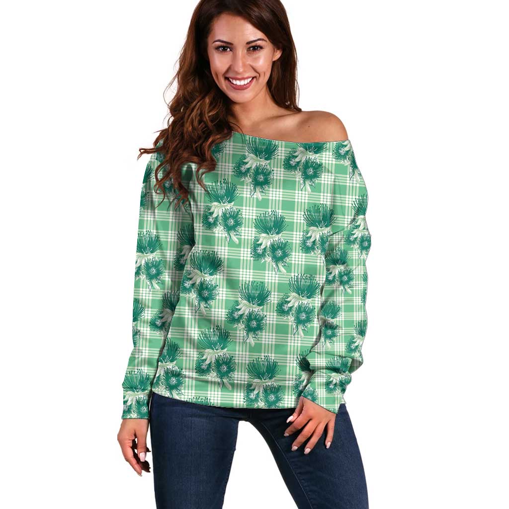 Green Palaka Hawaii Off Shoulder Sweater Hawaiian Lehua Blossoms