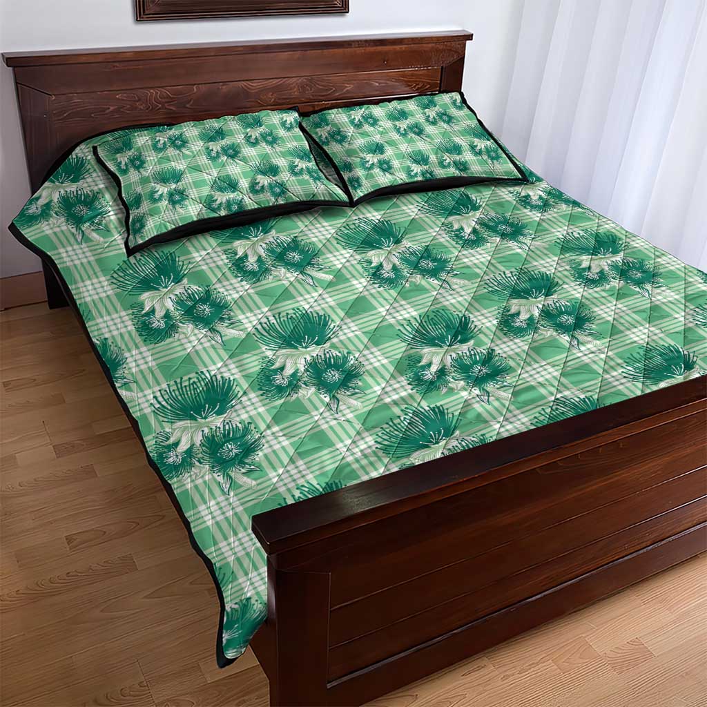 Green Palaka Hawaii Quilt Bed Set Hawaiian Lehua Blossoms