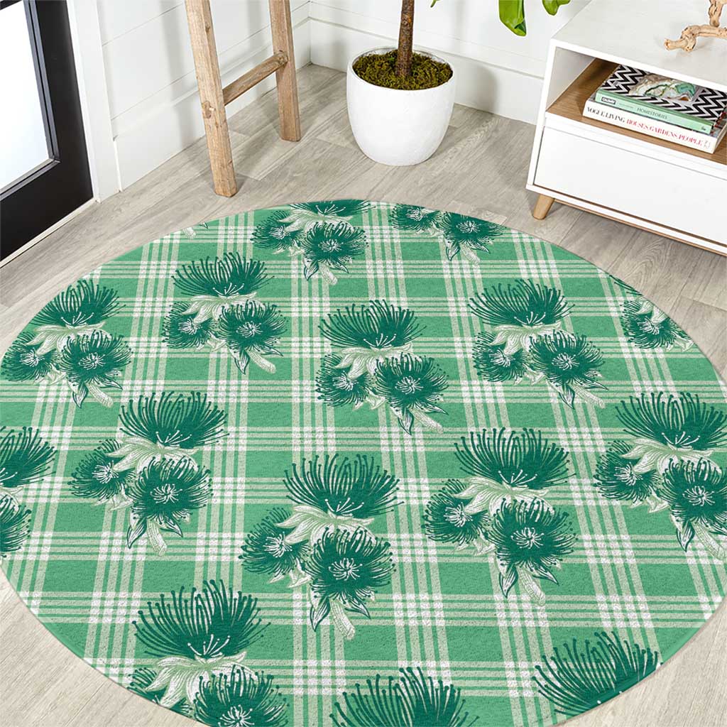 Green Palaka Hawaii Round Carpet Hawaiian Lehua Blossoms
