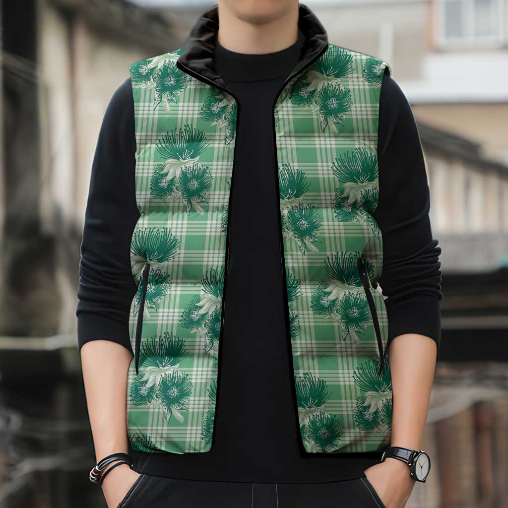 Green Palaka Hawaii Sleeveless Puffer Jacket Hawaiian Lehua Blossoms