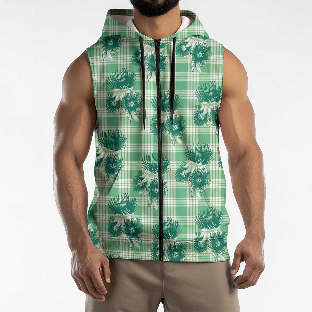 Green Palaka Hawaii Sleeveless Zip Hoodie Hawaiian Lehua Blossoms