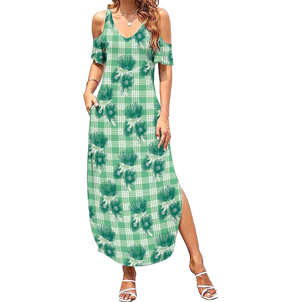 Green Palaka Hawaii Summer Maxi Dress Hawaiian Lehua Blossoms