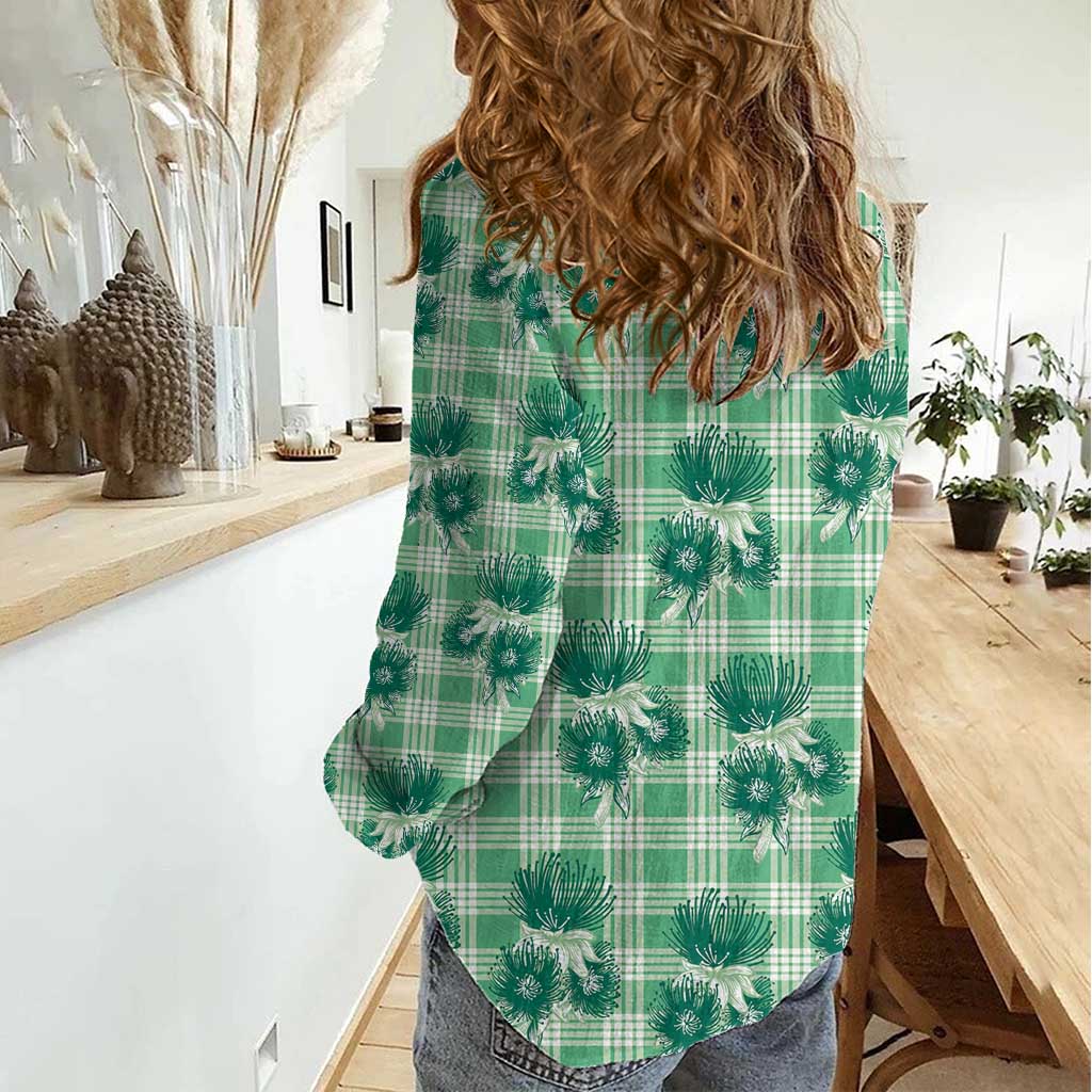 Green Palaka Hawaii Women Casual Shirt Hawaiian Lehua Blossoms