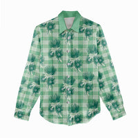 Green Palaka Hawaii Women Casual Shirt Hawaiian Lehua Blossoms
