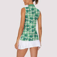 Green Palaka Hawaii Women Sleeveless Polo Shirt Hawaiian Lehua Blossoms