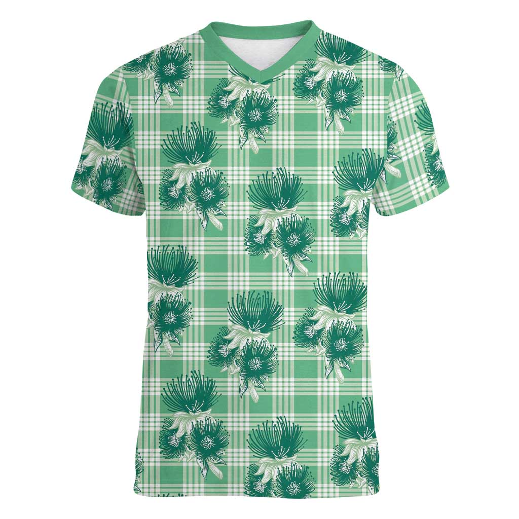 Green Palaka Hawaii Women V-Neck T-Shirt Hawaiian Lehua Blossoms LT05 Female Green - Polynesian Pride