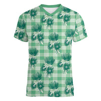 Green Palaka Hawaii Women V-Neck T-Shirt Hawaiian Lehua Blossoms LT05 Female Green - Polynesian Pride