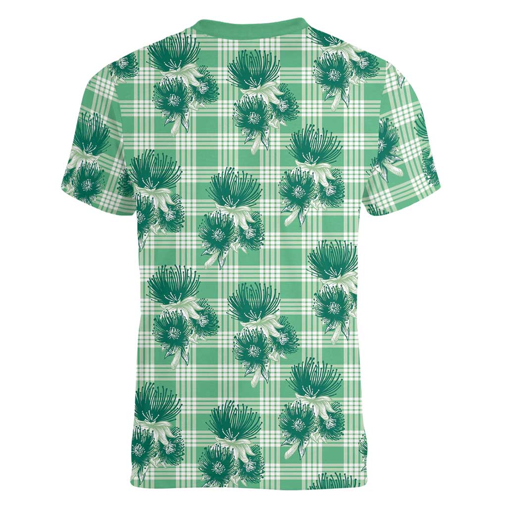 Green Palaka Hawaii Women V-Neck T-Shirt Hawaiian Lehua Blossoms LT05 - Polynesian Pride