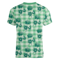 Green Palaka Hawaii Women V-Neck T-Shirt Hawaiian Lehua Blossoms LT05 - Polynesian Pride