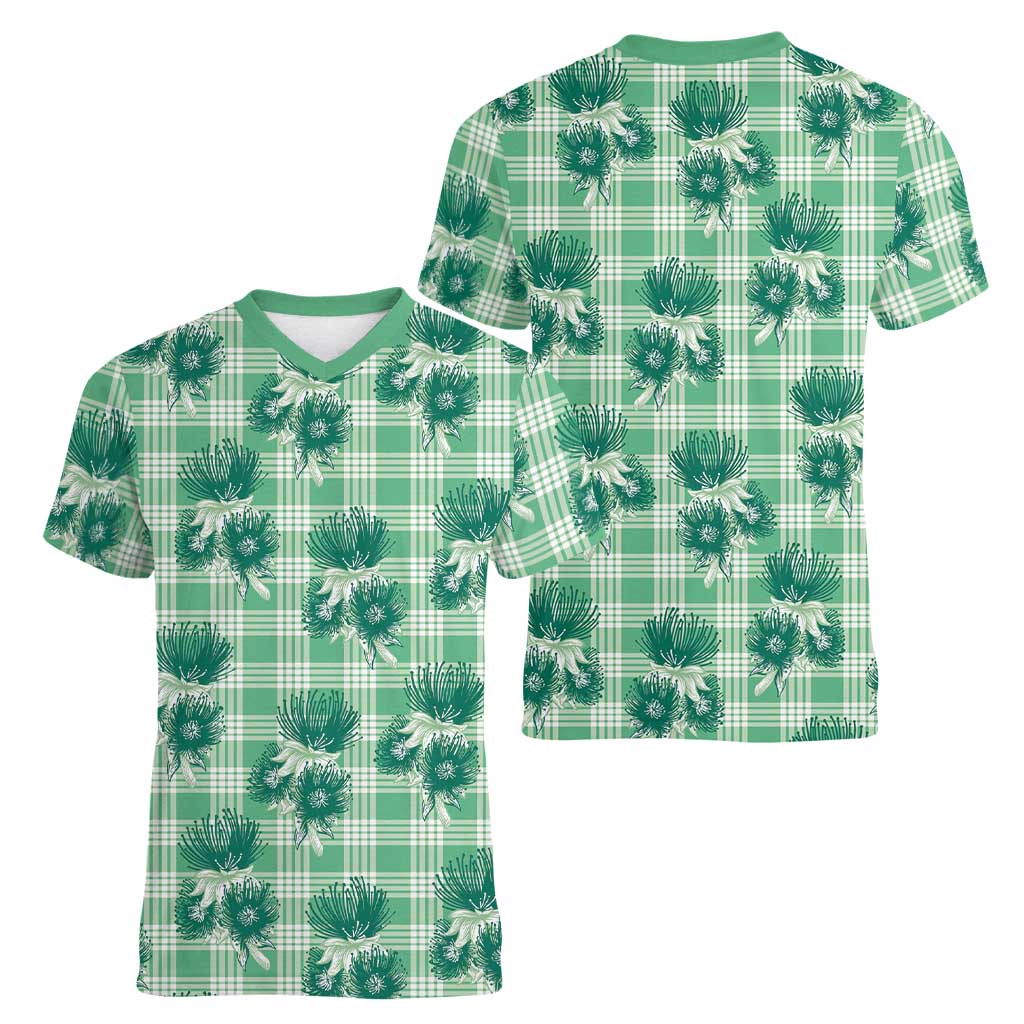 Green Palaka Hawaii Women V-Neck T-Shirt Hawaiian Lehua Blossoms LT05 - Polynesian Pride