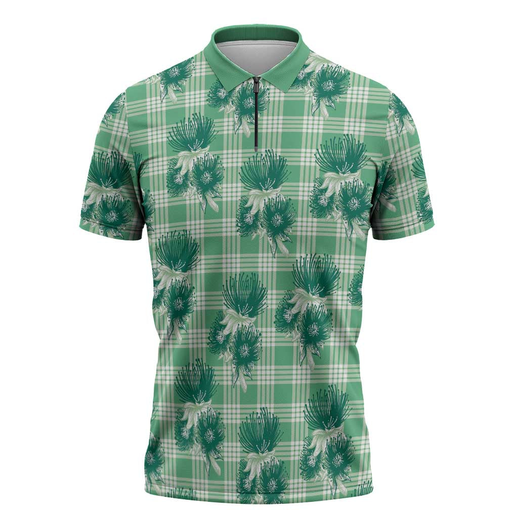 Green Palaka Hawaii Zipper Polo Shirt Hawaiian Lehua Blossoms
