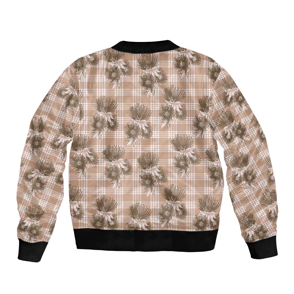Brown Palaka Hawaii Bomber Jacket Hawaiian Lehua Blossoms