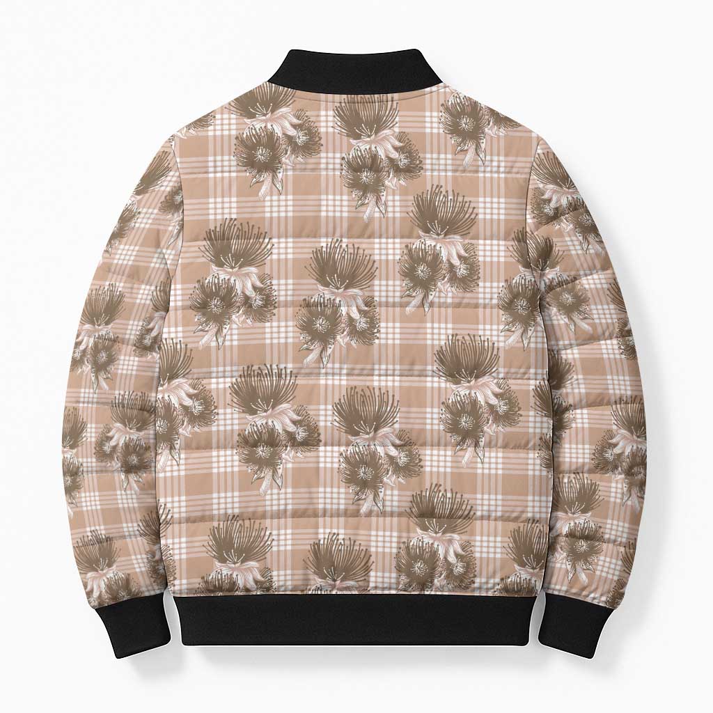 Brown Palaka Hawaii Bomber Puffer Jacket Hawaiian Lehua Blossoms