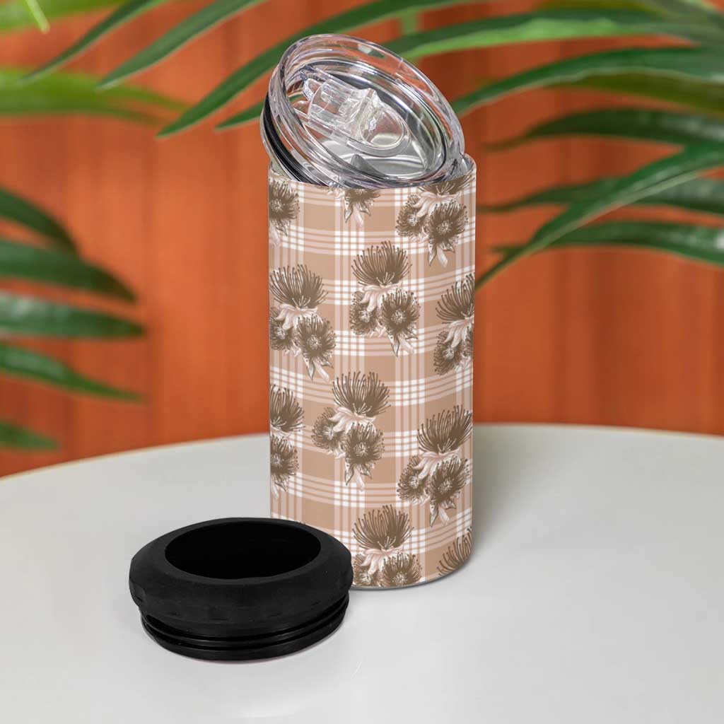 Brown Palaka Hawaii 4 in 1 Can Cooler Tumbler Hawaiian Lehua Blossoms